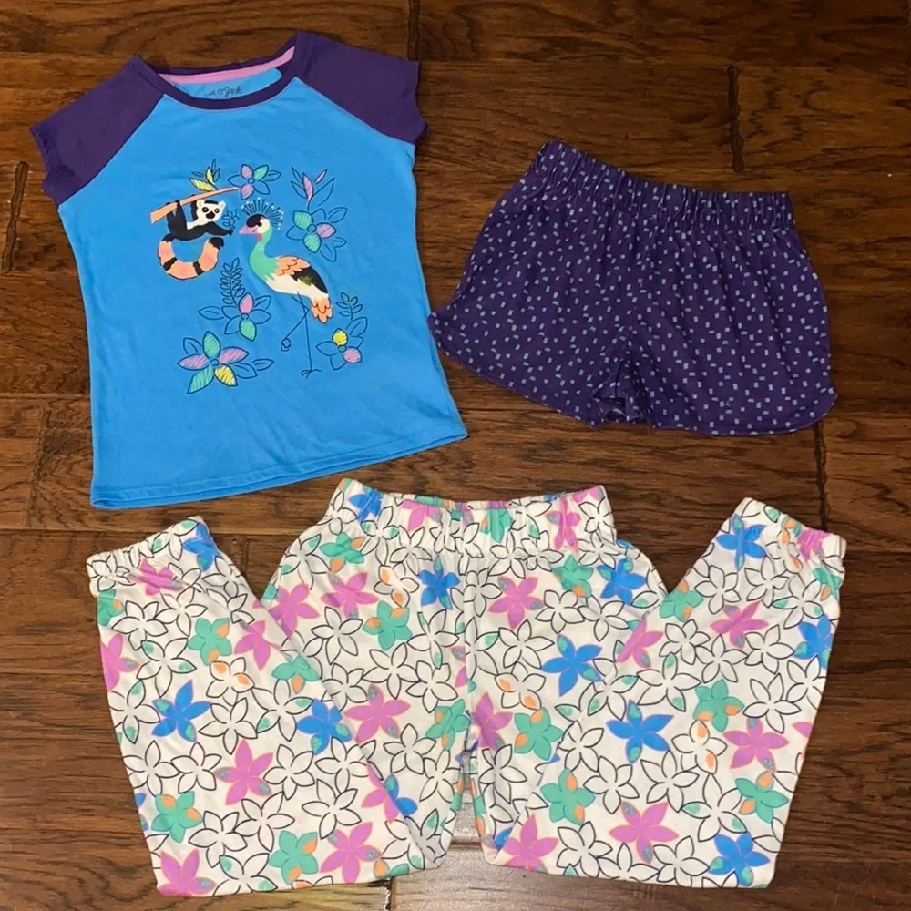 Cat & Jack pajama set shirt shorts & long pants blue purple & white floral Small